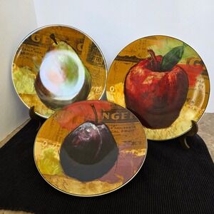 Pier 1 Imports Fruit Crate Set of 3 Plates Apple Pear Plum Decorative Only
